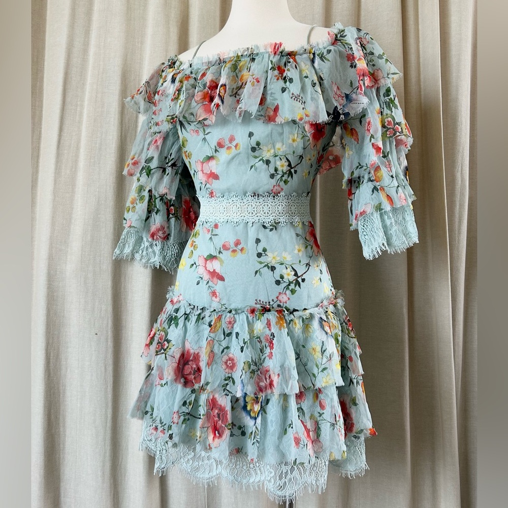 Alice + Olivia Silk Mini – Off Shoulder Ruffle Boho Dream